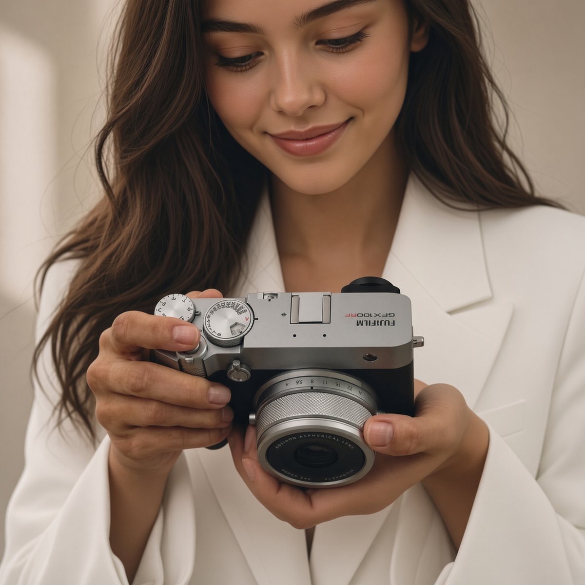 A photographer holding the camera, looking down at it