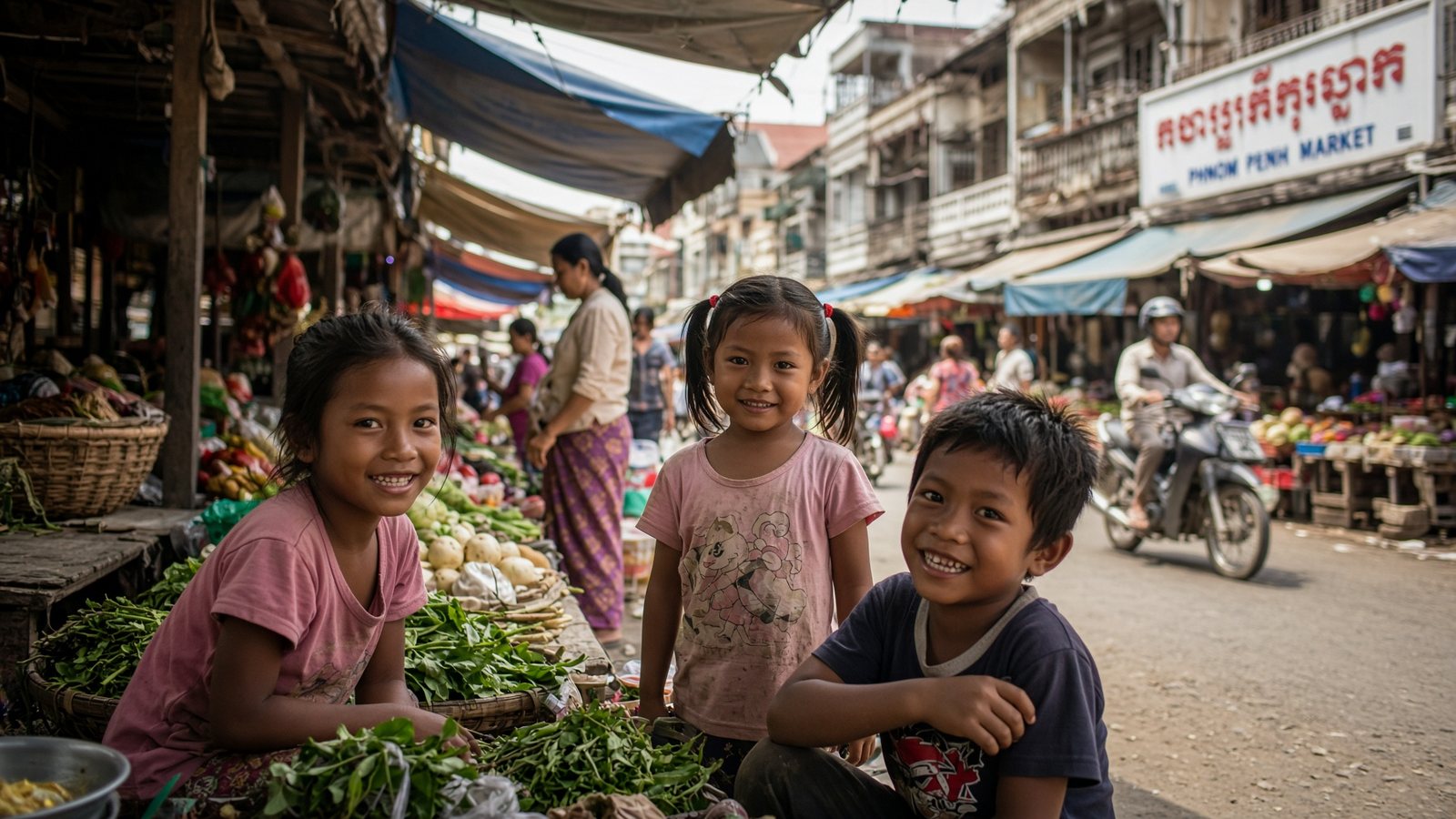 Three children at a vegetable stall