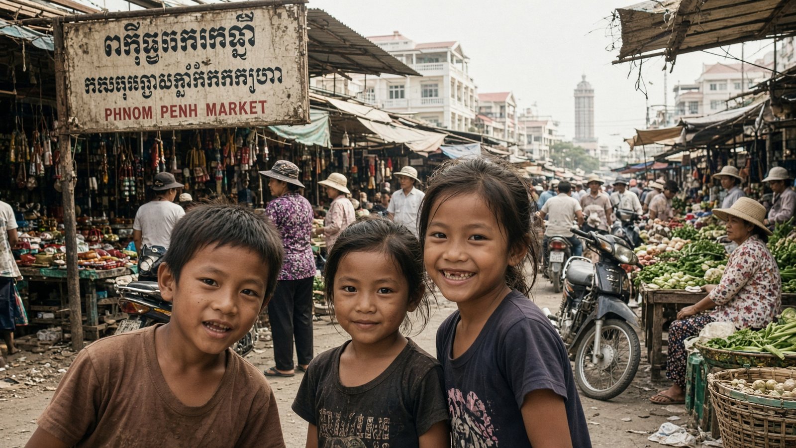 Children under a market sign