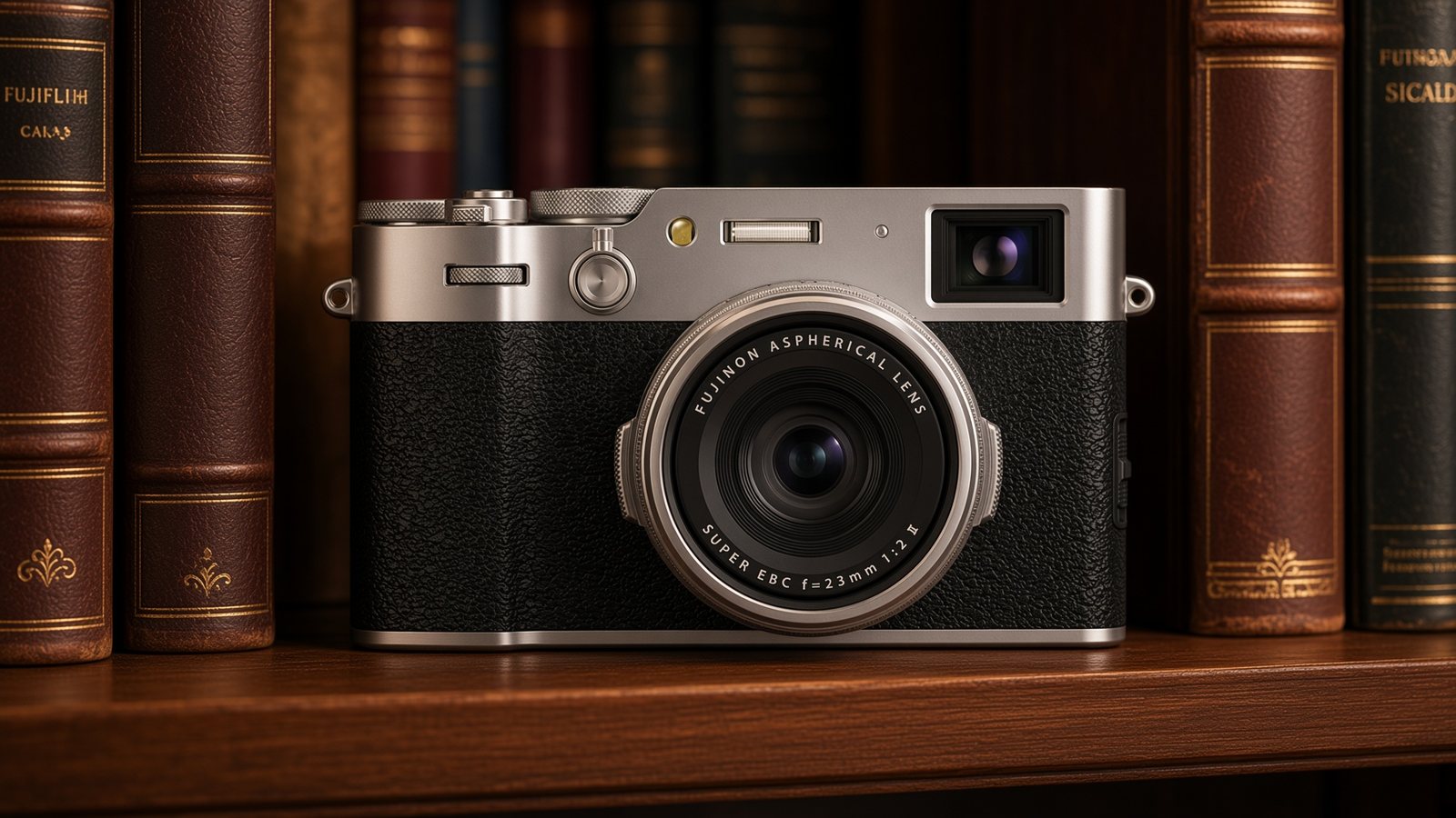 The camera resting on a bookshelf