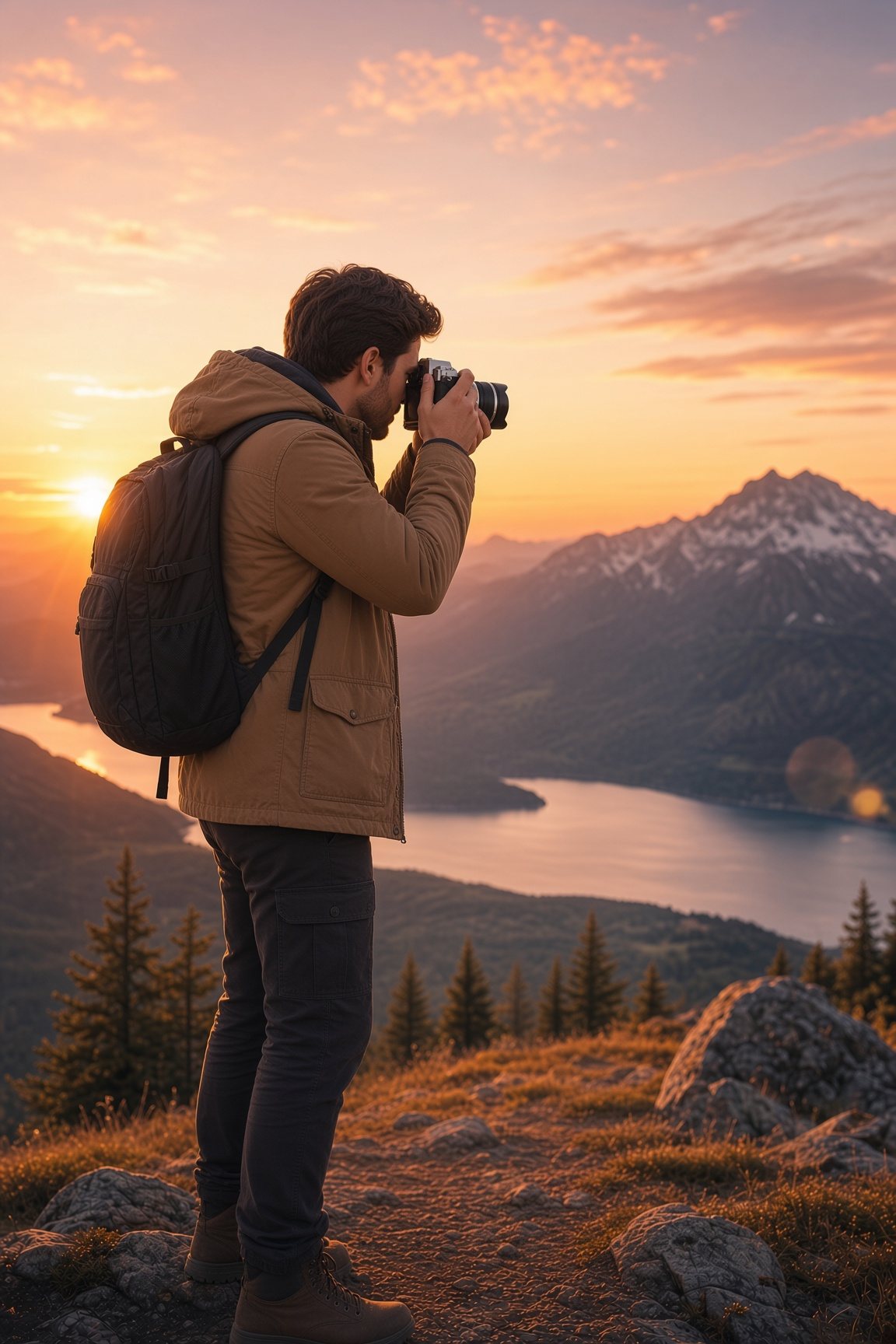 Photographer at a mountain overlook at sunset